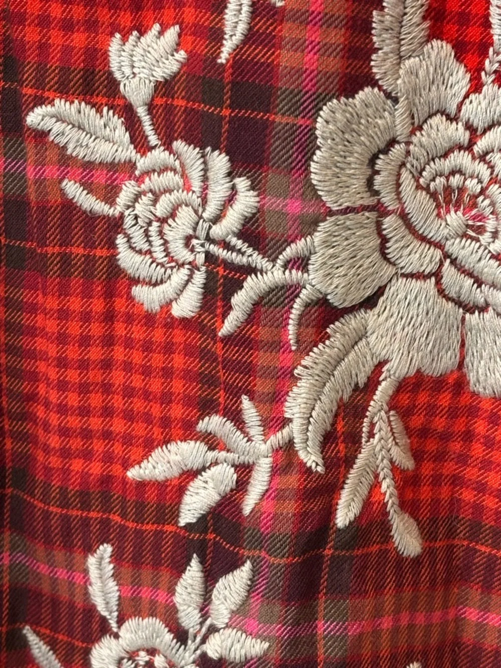 Johnny Was Workshop Roma Red Plaid Embroidered Button Up Tunic